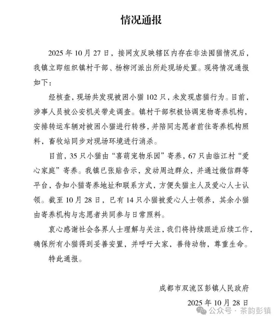 “成都一空置房非法囤猫”？官方通报：共发现被困小猫102只<strong></p>
<p>中国卫星股票</strong>，未发现虐猫行为