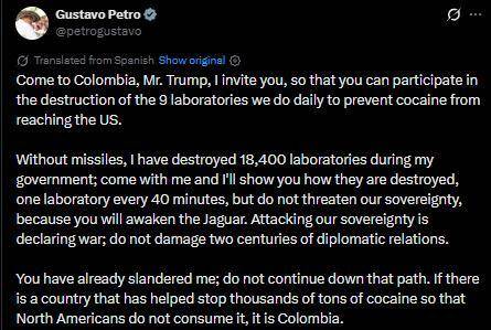 哥伦比亚总统佩特罗回击特朗普“攻击”言论：“侵犯主权即宣战”